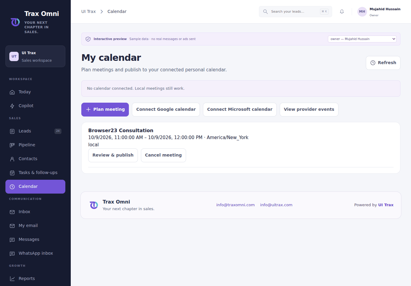 Actual Trax Omni 11 · Personal calendar screen