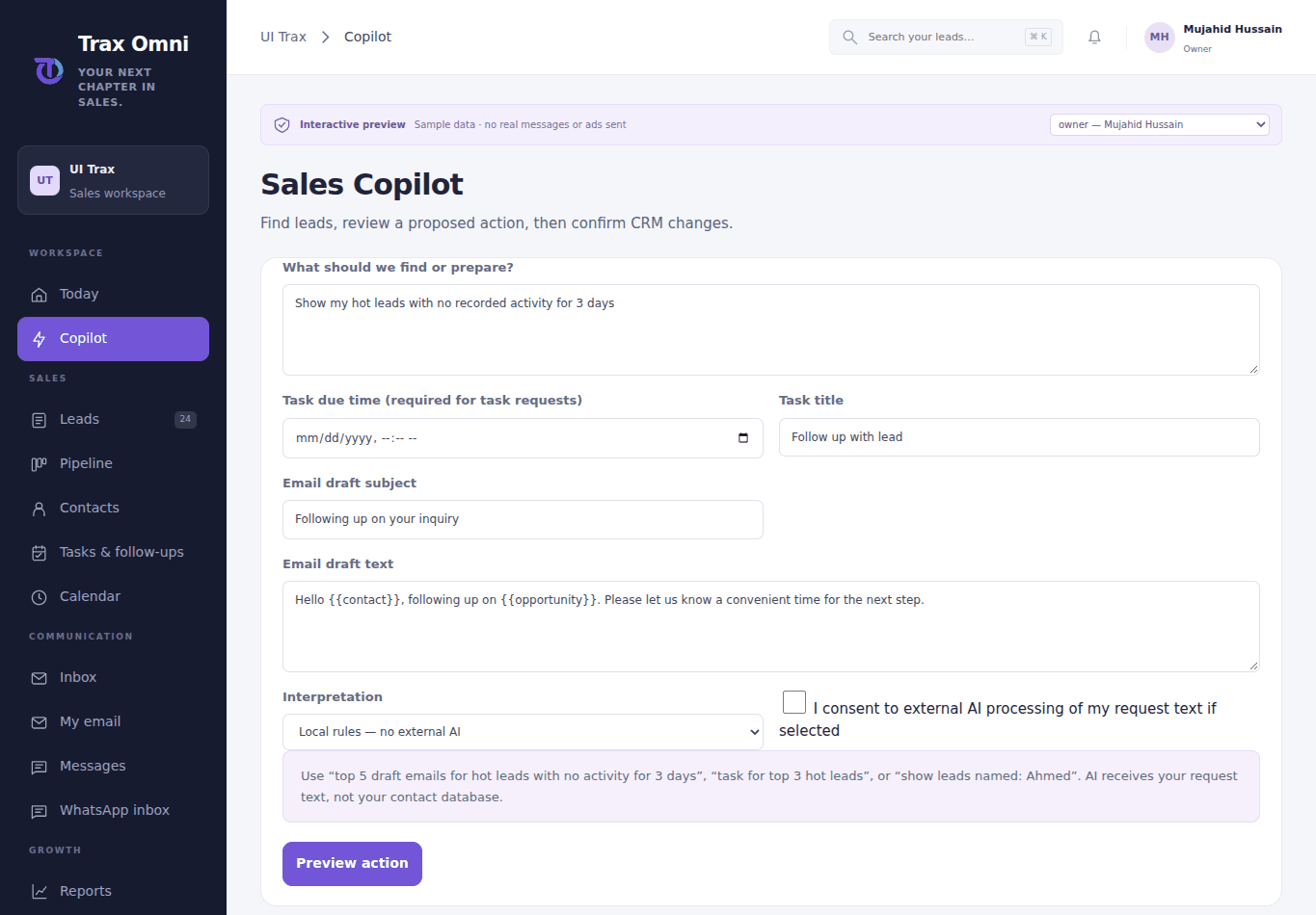Actual Trax Omni 10 · Sales Copilot screen