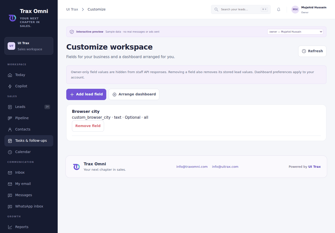 Actual Trax Omni 13 · Workspace customization screen