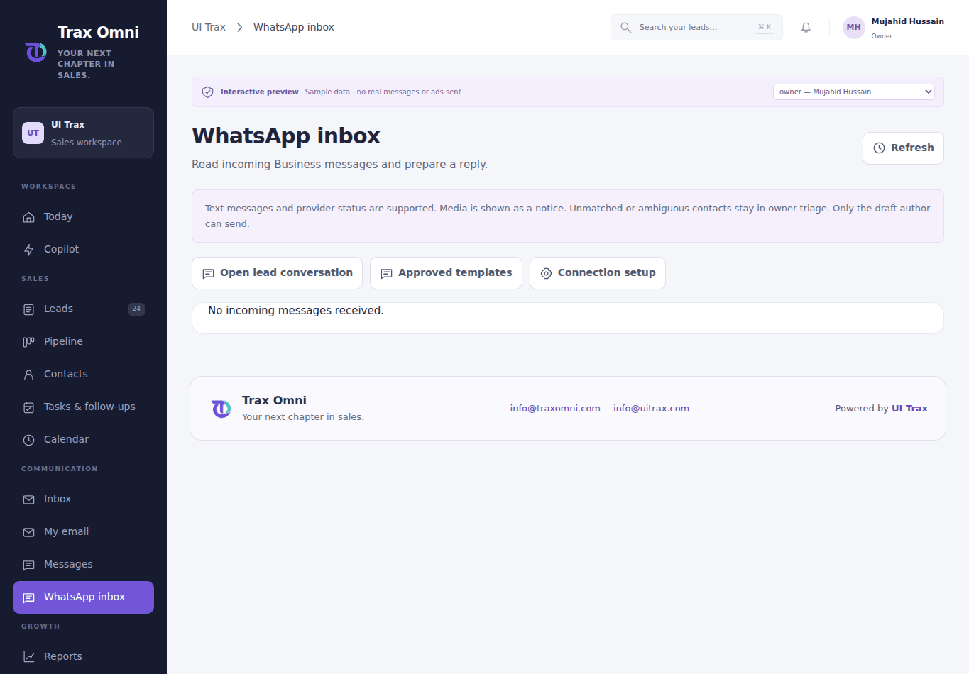 Actual Trax Omni 12 · WhatsApp Business inbox screen