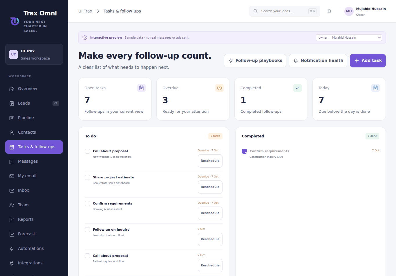 Actual Trax Omni 04 · Tasks & follow-ups screen